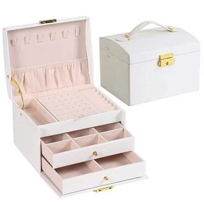 1Pcs Multi Functional Three Layer Leather Drawer Style Jewelry Box Earrings Earrings Lock Jewelry Box