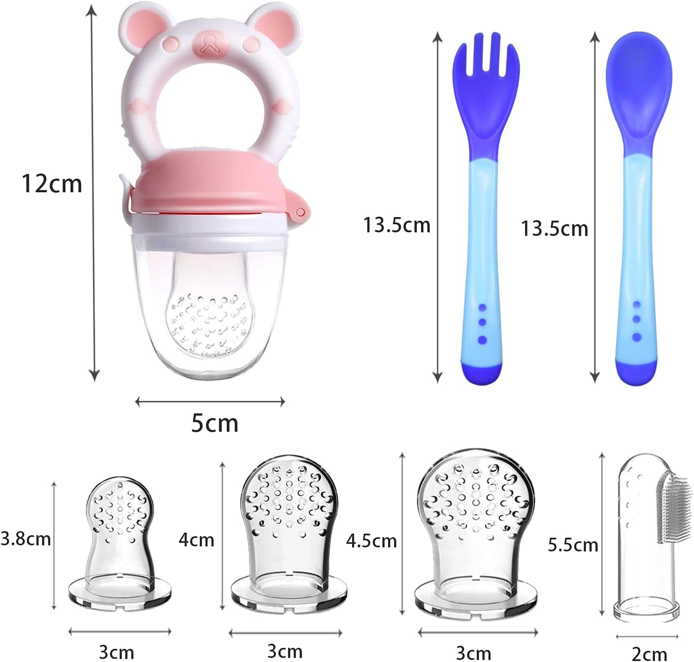 Ciucci Frutta Neonati Anti-Soffocamento Senza BPA + 3 Tettarelle in Silicone in 3 Misure + 2 Spazzolini + 2 Posate (Verde + Rosa)