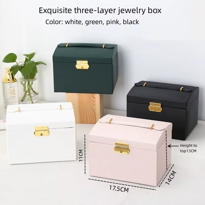 1Pcs Multi Functional Three Layer Leather Drawer Style Jewelry Box Earrings Earrings Lock Jewelry Box