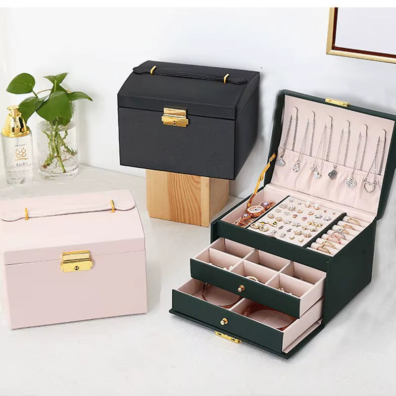 1Pcs Multi Functional Three Layer Leather Drawer Style Jewelry Box Earrings Earrings Lock Jewelry Box