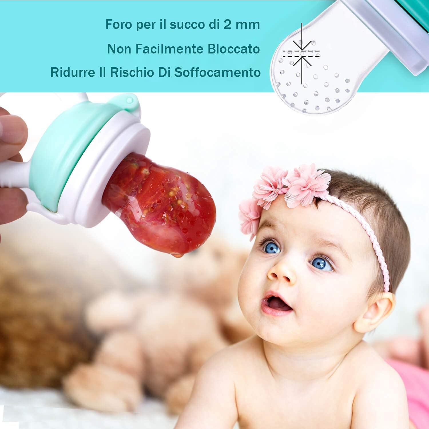 Ciucci Frutta Neonati Anti-Soffocamento Senza BPA + 3 Tettarelle in Silicone in 3 Misure + 2 Spazzolini + 2 Posate (Verde + Rosa)