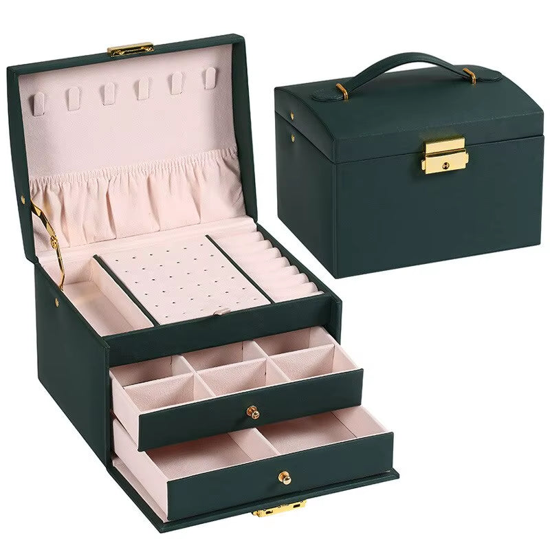 1Pcs Multi Functional Three Layer Leather Drawer Style Jewelry Box Earrings Earrings Lock Jewelry Box