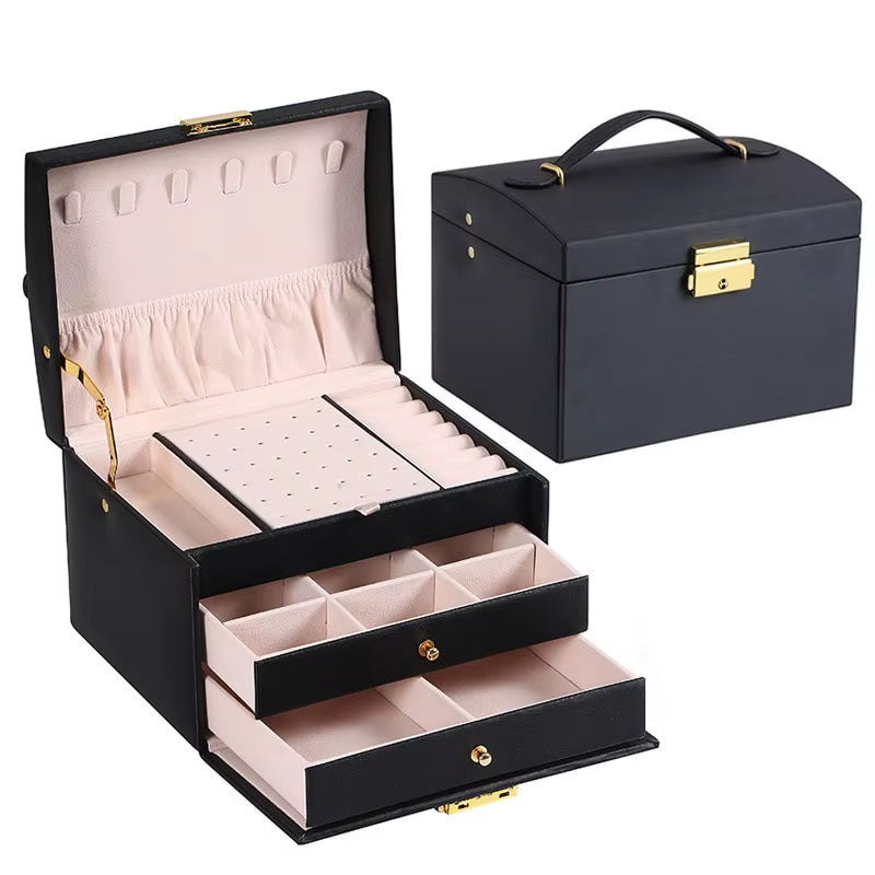 1Pcs Multi Functional Three Layer Leather Drawer Style Jewelry Box Earrings Earrings Lock Jewelry Box