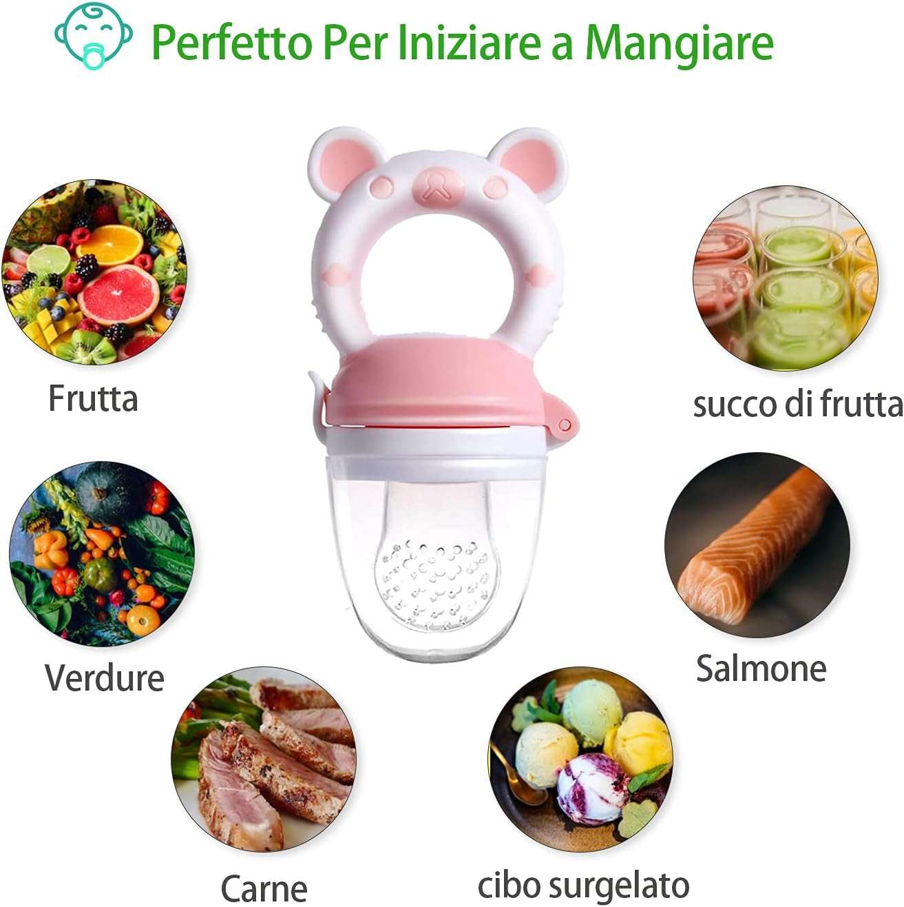 Ciucci Frutta Neonati Anti-Soffocamento Senza BPA + 3 Tettarelle in Silicone in 3 Misure + 2 Spazzolini + 2 Posate (Verde + Rosa)