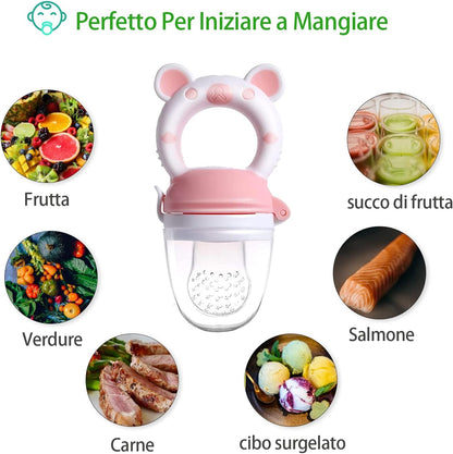 Ciucci Frutta Neonati Anti-Soffocamento Senza BPA + 3 Tettarelle in Silicone in 3 Misure + 2 Spazzolini + 2 Posate (Verde + Rosa)