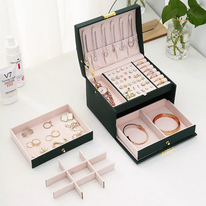 1Pcs Multi Functional Three Layer Leather Drawer Style Jewelry Box Earrings Earrings Lock Jewelry Box