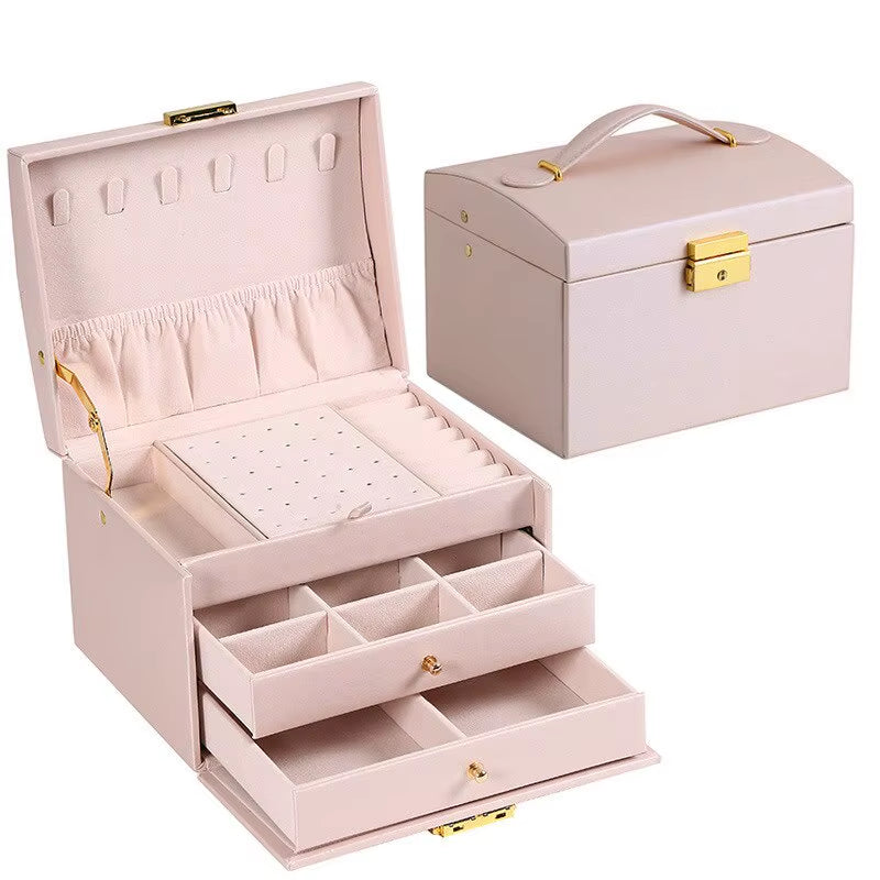 1Pcs Multi Functional Three Layer Leather Drawer Style Jewelry Box Earrings Earrings Lock Jewelry Box