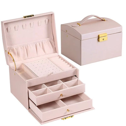 1Pcs Multi Functional Three Layer Leather Drawer Style Jewelry Box Earrings Earrings Lock Jewelry Box